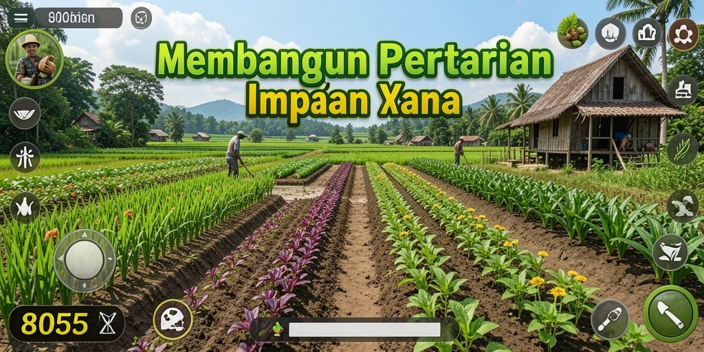 Screenshot gameplay menunjukkan ladang hijau yang subur dan hewan ternak.