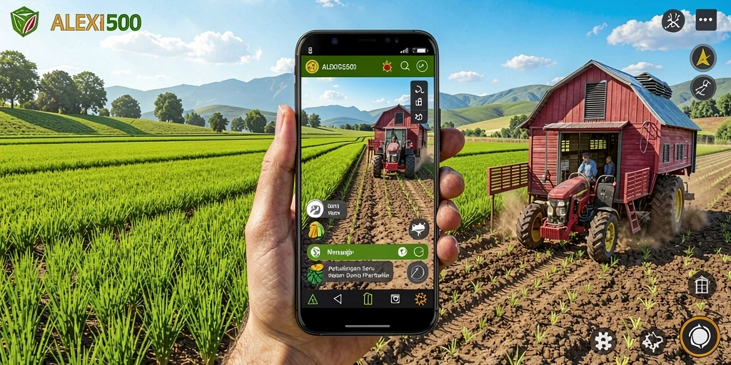 Screenshot ALEXIS500 menampilkan aktivitas bercocok tanam yang menyenangkan di ladang.
