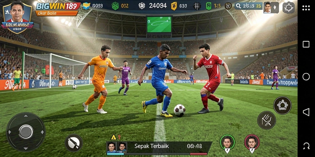 Tangkapan layar utama menunjukkan aksi sepak bola yang mendebarkan.