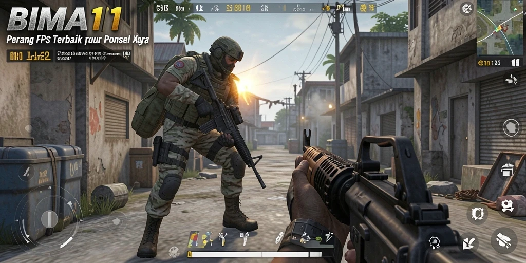 Screenshot utama BIMA11 menampilkan aksi seru di medan perang FPS.