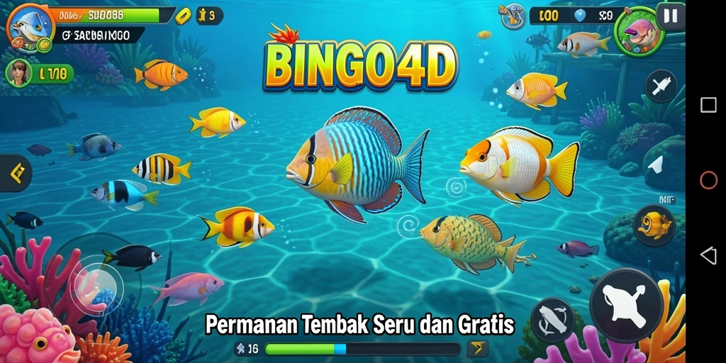 Tangkapan layar gameplay <strong>BINGO4D</strong> menampilkan aksi tembak ikan yang seru.