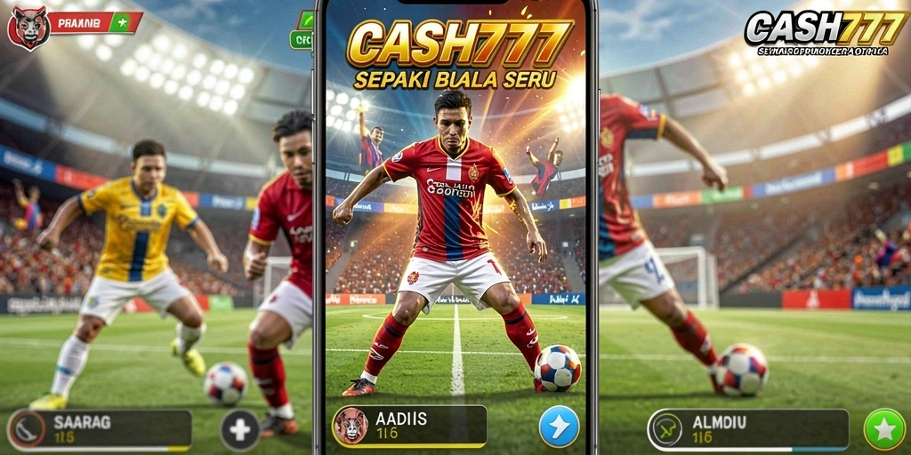 Screenshot utama CASH777 menunjukkan aksi seru di pertandingan sepak bola.