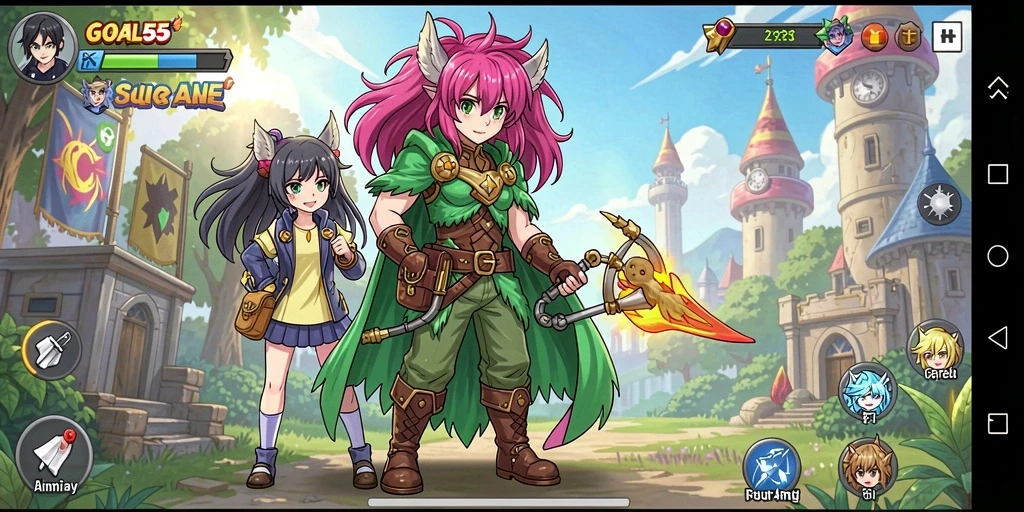 Tampilan gameplay GOAL55 yang penuh aksi dan karakter anime.