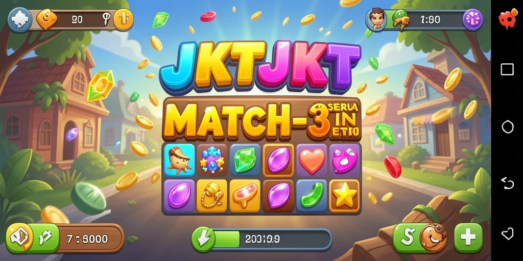 Gambar gameplay JKTJKT menampilkan suasana seru dalam permainan Match-3.
