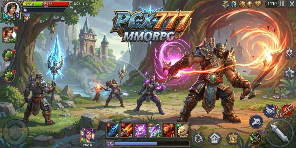 Tangkapan layar gameplay PCX777 yang menunjukkan pertarungan epik di dunia MMORPG.