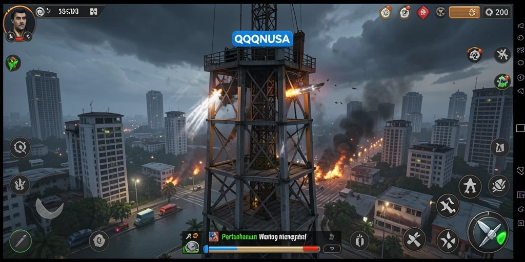 Tampilan gameplay mendebarkan dalam QQNUSA dengan strategi menara yang kreatif.