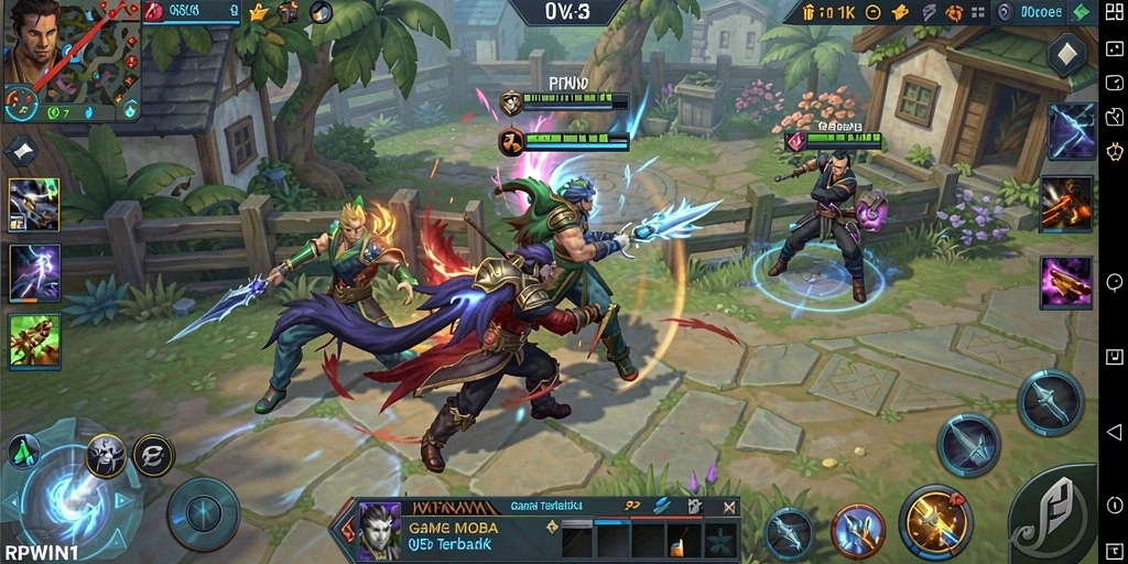 Tampilan seru dari gameplay intens di RPWIN1, pertarungan MOBA mendebarkan.