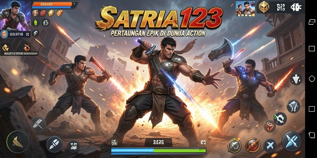 Tangkapan layar gameplay SATRIA123 dengan pertarungan aksi yang intens.